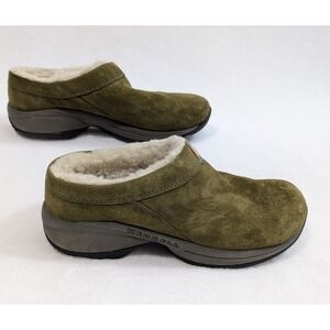 Merrell Primo Chill Slide Women US 7 Shoes Olive Suede Faux Fur Lined Green Clog